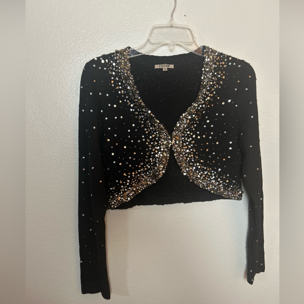 Jigsaw Black Heavily Embellished Wool Cropped Bolero Cardigan Size S*